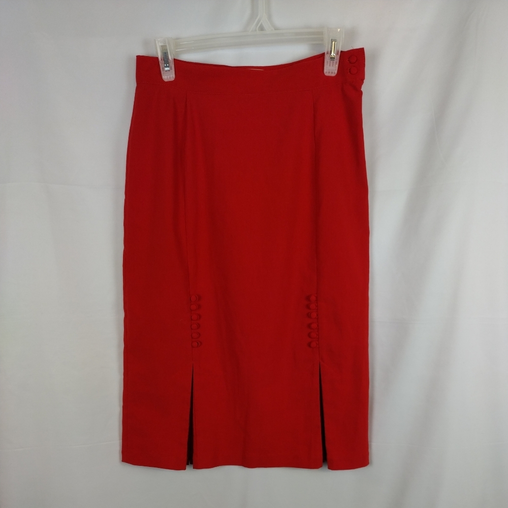 Bettie Page Tatyana size LARGE red pencil Skirt buttons 50's rockabilly pleats.